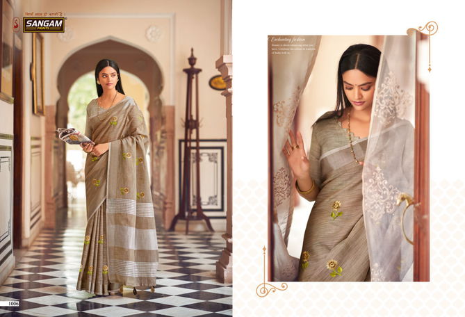 Sangam Nagma Linen Fancy Function Wear Heavy Stylish Embroidered Sarees Collection